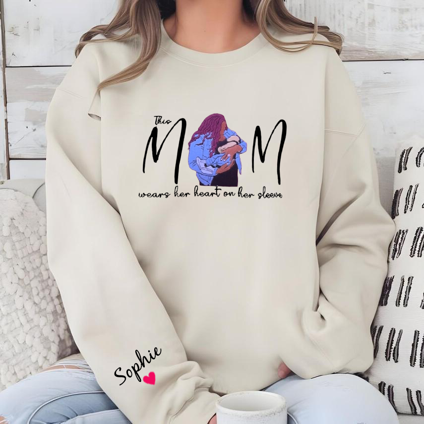 Custom This Mom Wears Her Heart On Her Sleeve Embroidered Portrait Sweatshirt Gift For Mom