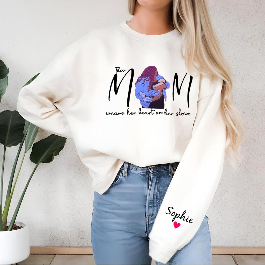 Custom This Mom Wears Her Heart On Her Sleeve Embroidered Portrait Sweatshirt Gift For Mom