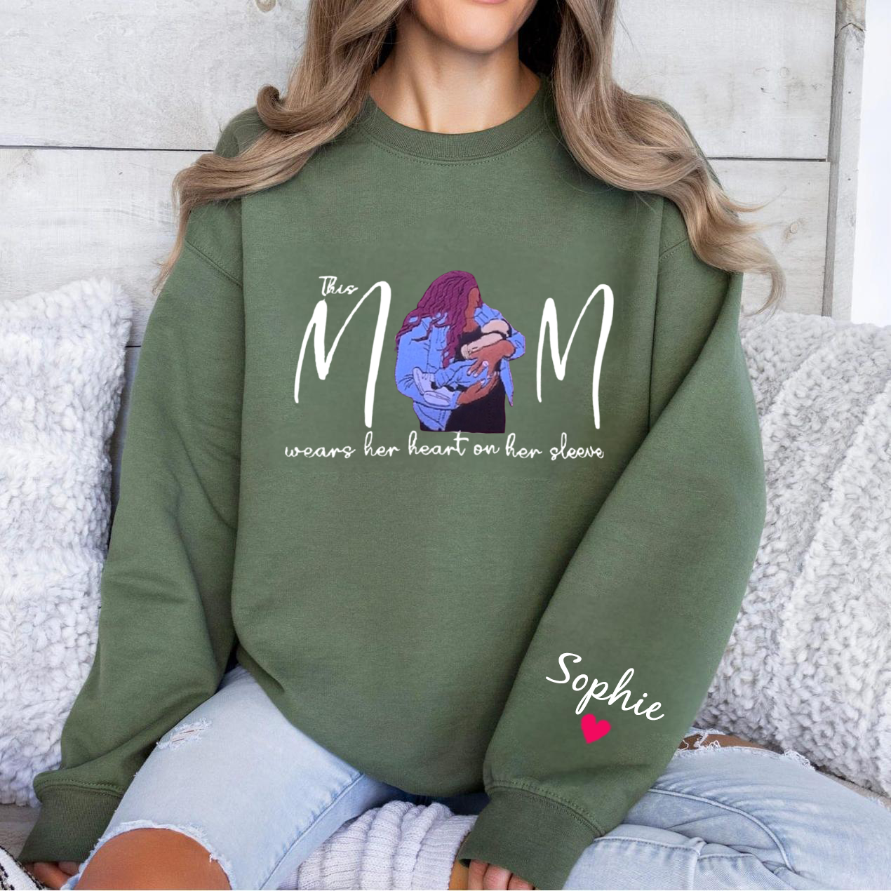 Custom This Mom Wears Her Heart On Her Sleeve Embroidered Portrait Sweatshirt Gift For Mom