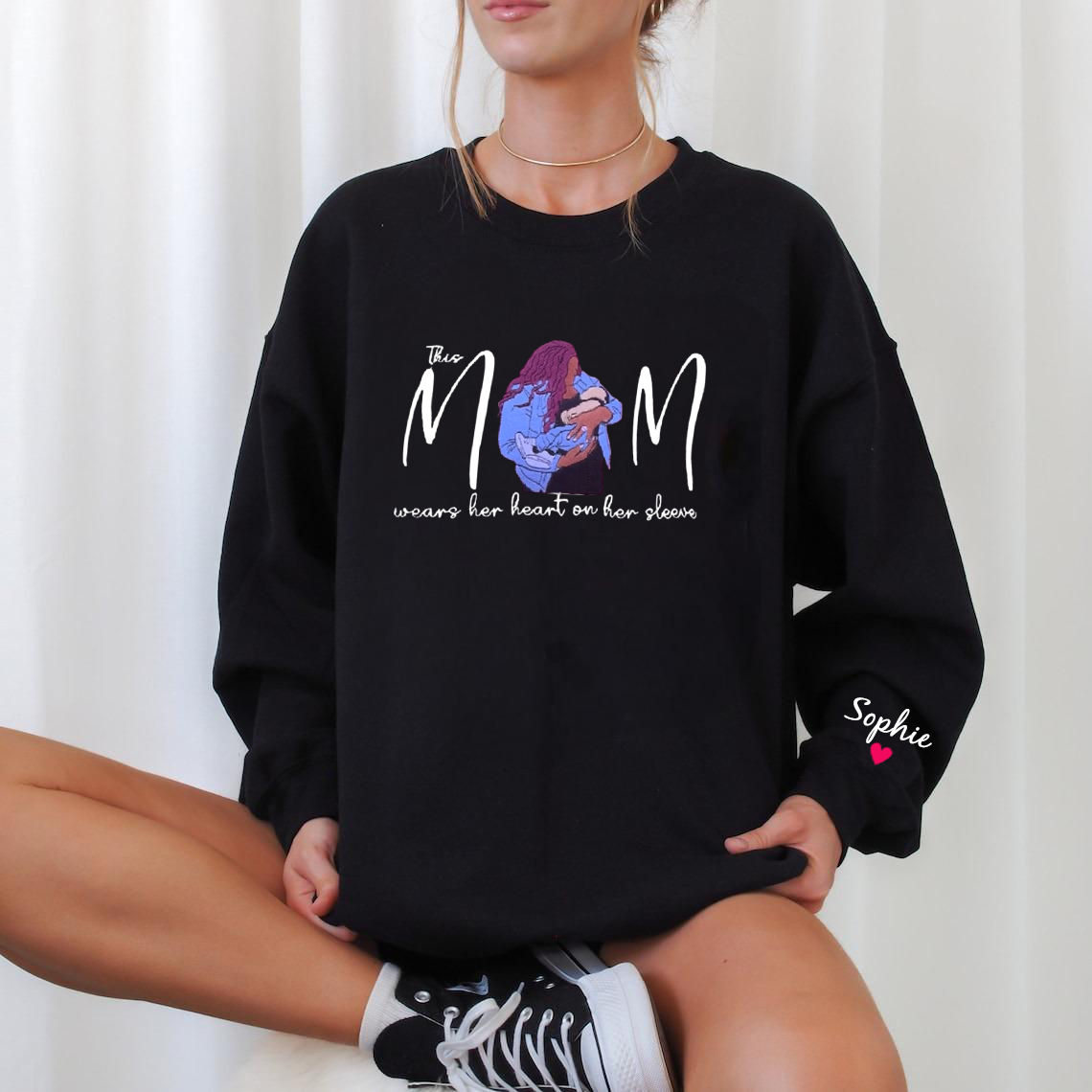 Custom This Mom Wears Her Heart On Her Sleeve Embroidered Portrait Sweatshirt Gift For Mom