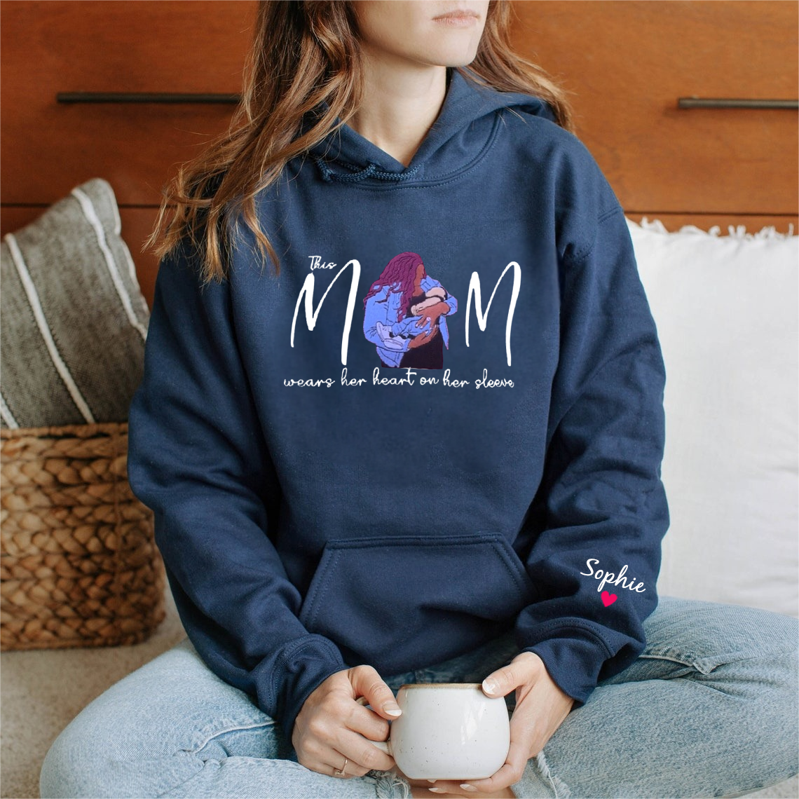 Custom This Mom Wears Her Heart On Her Sleeve Embroidered Portrait Sweatshirt Gift For Mom