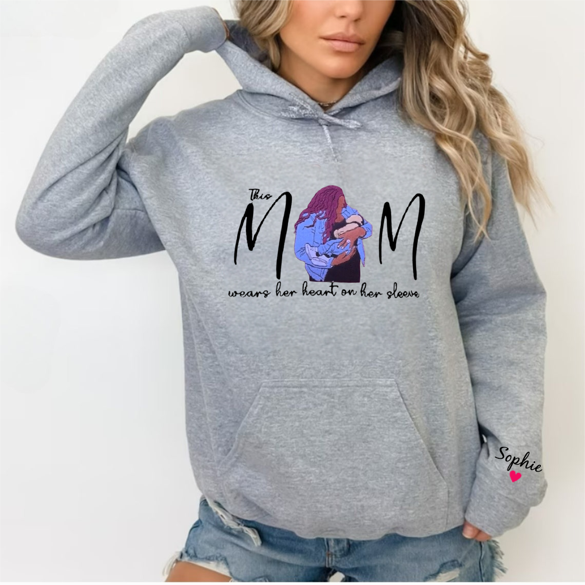 Custom This Mom Wears Her Heart On Her Sleeve Embroidered Portrait Sweatshirt Gift For Mom