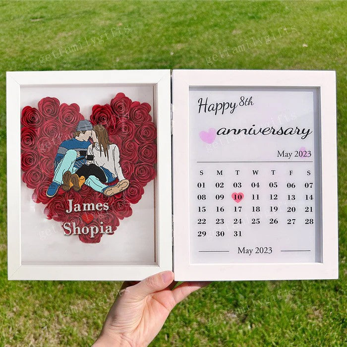 Custom Heart Shape Couple Portrait Flower Shadow Box Calendar Frame