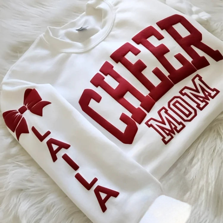 Personalized 3D PUFF Print Cheer Mom sweatshirt with Kids Name on Sleeve