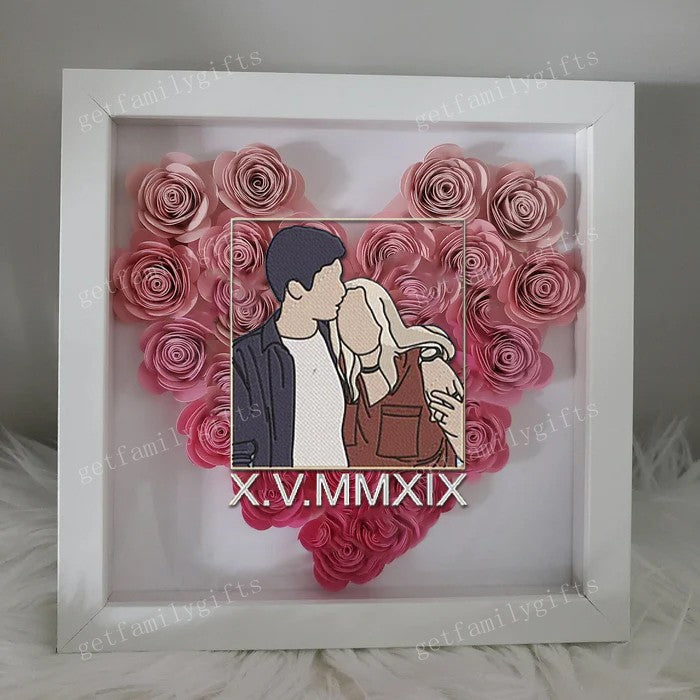 Custom Couple Photo Portrait Roman Numerals Flower Shadow Box