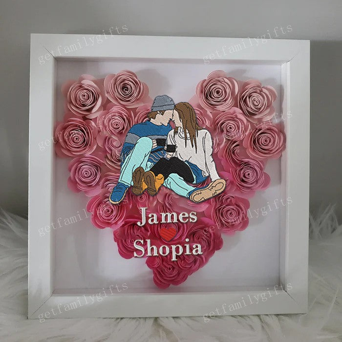 Personalized Couple Portrait With Names Flower Shadow Box