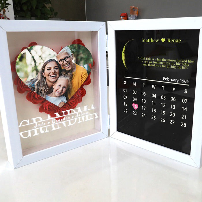 (Mom/Grandma Photo With Name) With REAL MOON PHASE Anniversary Calendar Custom flower frame