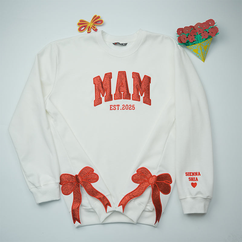 Customized Glitter Mum Side Bow Cut Out Embroidered Sweatshirt