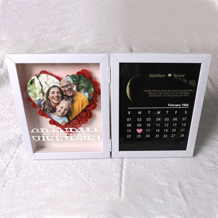 (Mom/Grandma Photo With Name) With REAL MOON PHASE Anniversary Calendar Custom flower frame