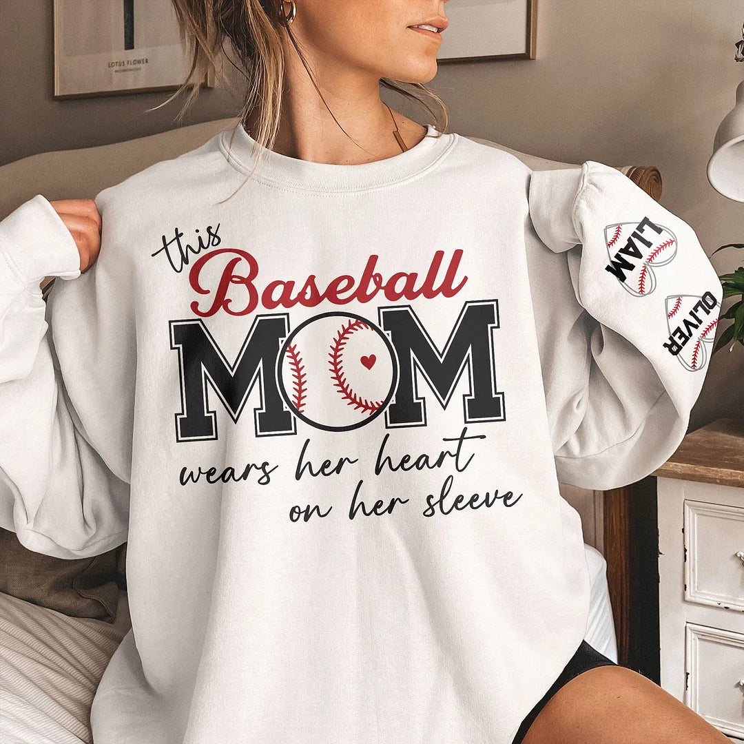 This Baseball Mom Wear Her Heart On Her Sleeve - Personalized Sweatshirt