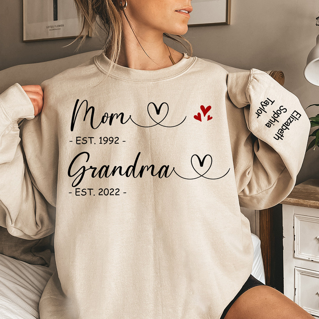 First Mom Now Grandma - Kids Name on Sleeve Sweatshirt