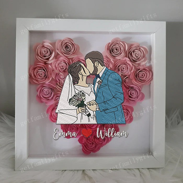 Custom Couple Portrait With Names Flower Shadow Box