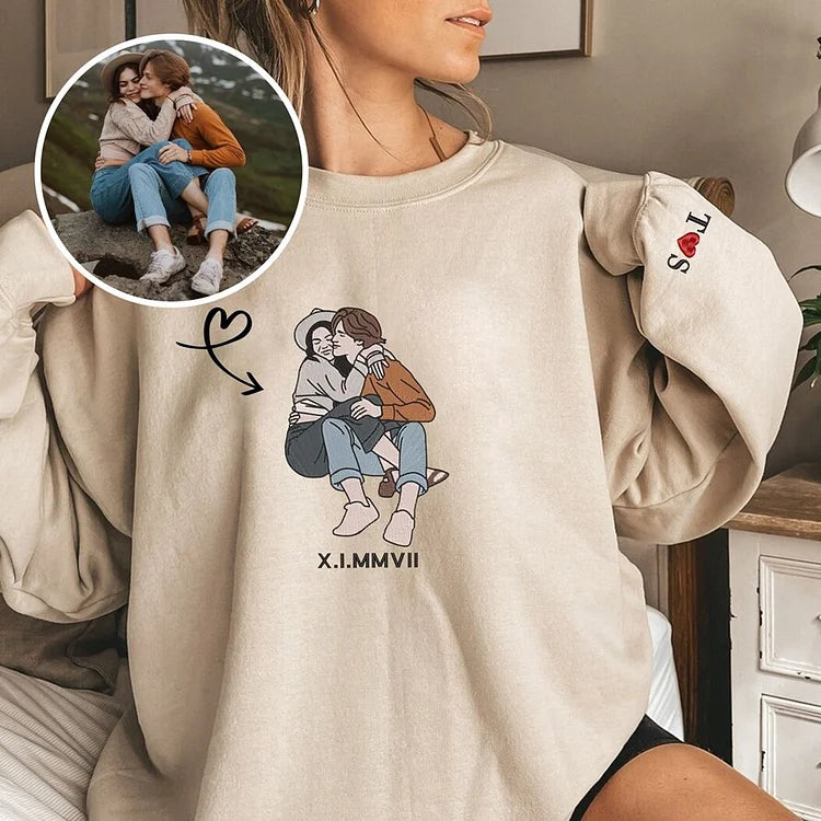 Custom Embroidered Portrait Sweatshirt - Personalized Portrait from Your Photo, Embroidered Design with Roman Numerals