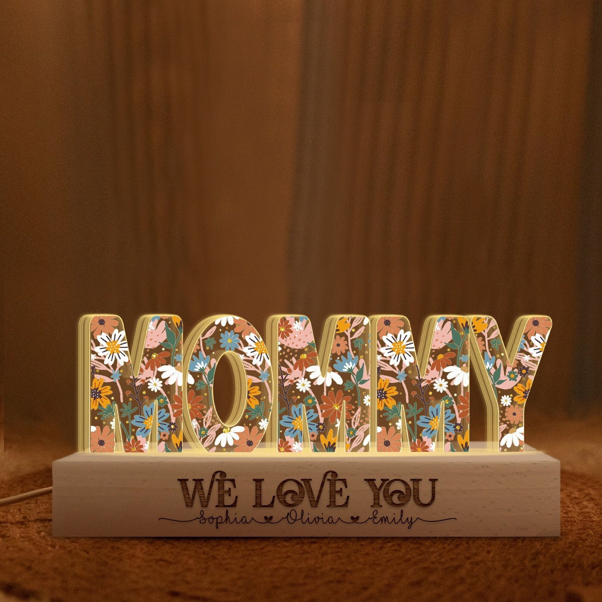 Custom Mother's Day Gift, Personalized Mom Flowers 3D LED Lights Mother's Day Gift for Grandma, Customized Gift for Nana