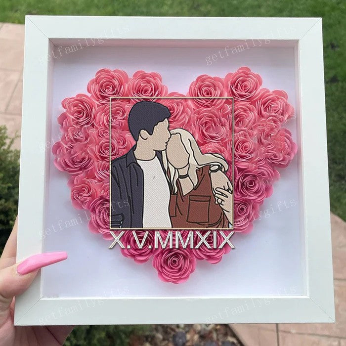 Custom Couple Photo Portrait Roman Numerals Flower Shadow Box