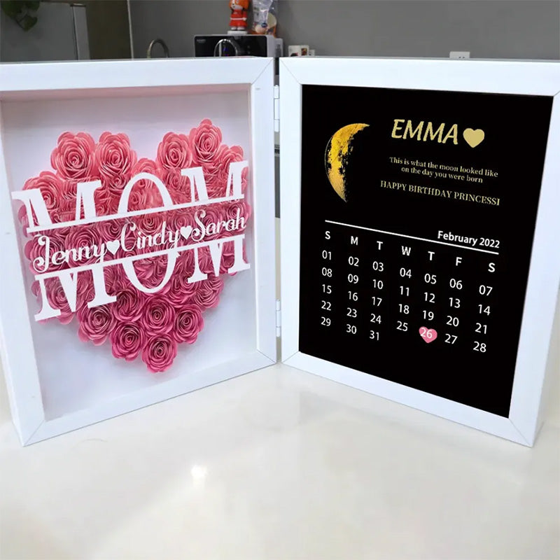 (Mom&Grandmom With Name) With REAL MOON PHASE Anniversary Calendar Custom flower frame