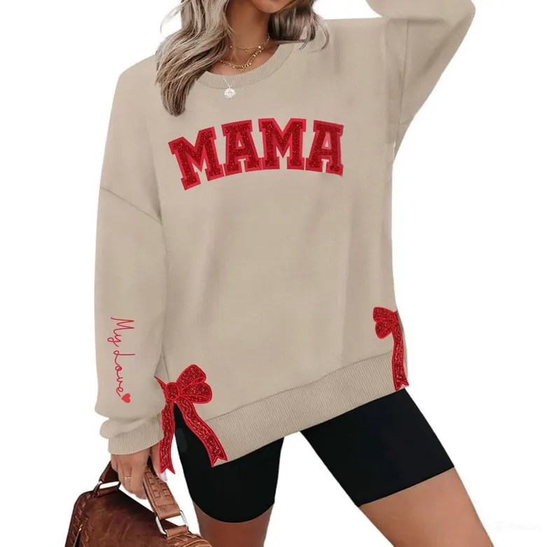 Personalized Mama Embroidered Glitter Side Bow Sweatshirt