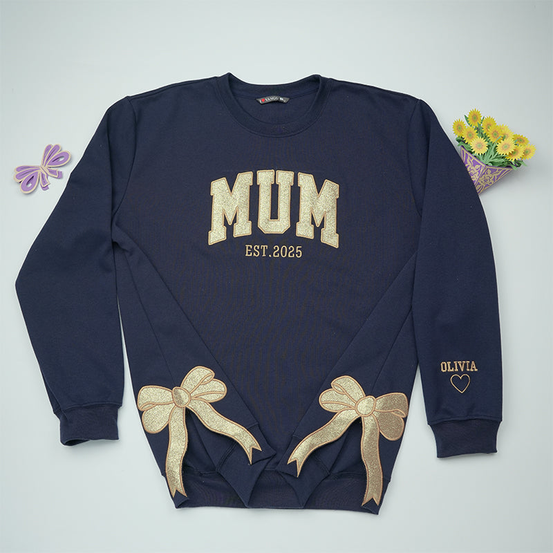 Customized Glitter Mum Side Bow Cut Out Embroidered Sweatshirt