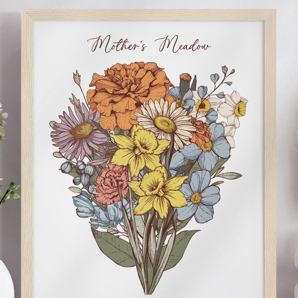 Custom Grandma's Garden Birth Flower Bouquet Art Print For Mother's Day