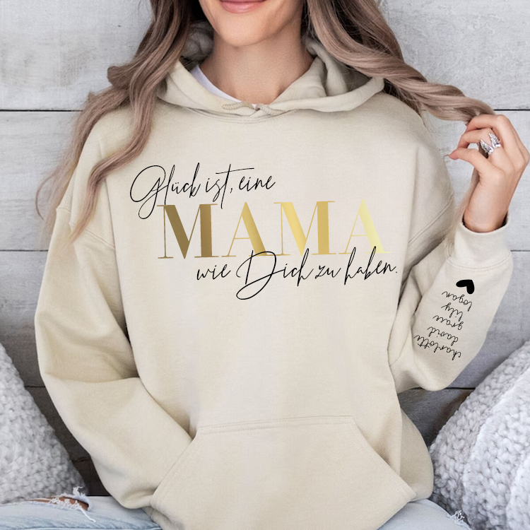 Personalized “Happiness is having a MOM like you” German Sweatshirt with Kids Name on Sleeve (Customized free)