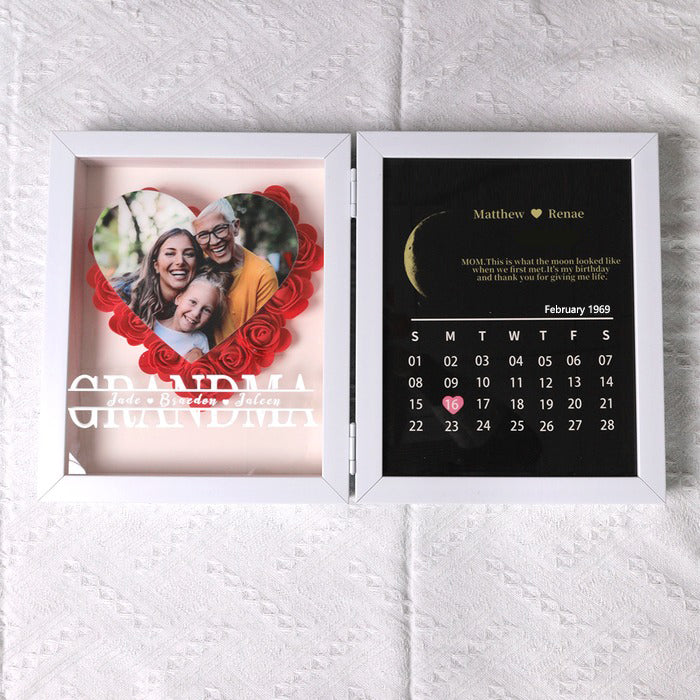 (Grandma Photo With Name) Custom flower frame with REAL MOON PHASE Anniversary Calendar