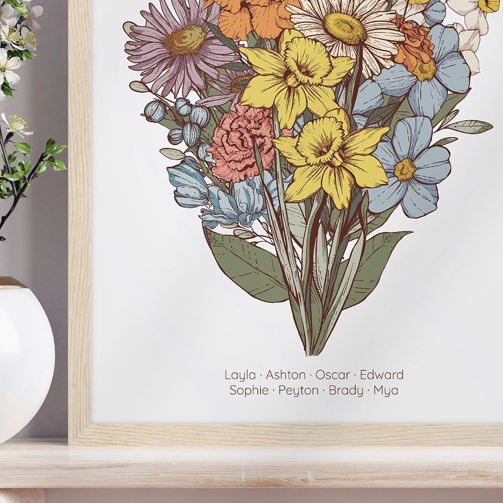 Custom Grandma's Garden Birth Flower Bouquet Art Print For Mother's Day