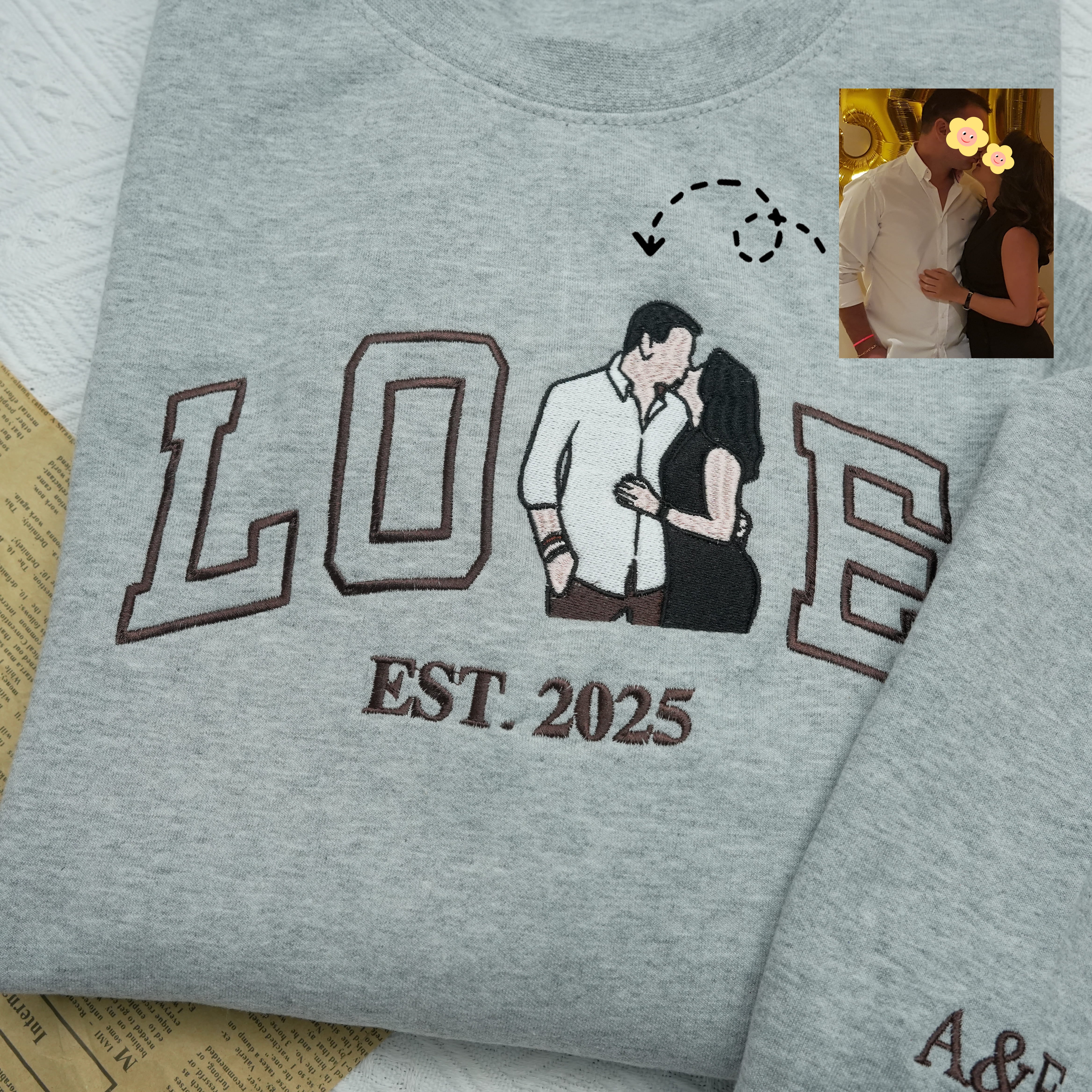 Custom Embroidered Couple Portrait Love Sweatshirt Hoddie For Valentine