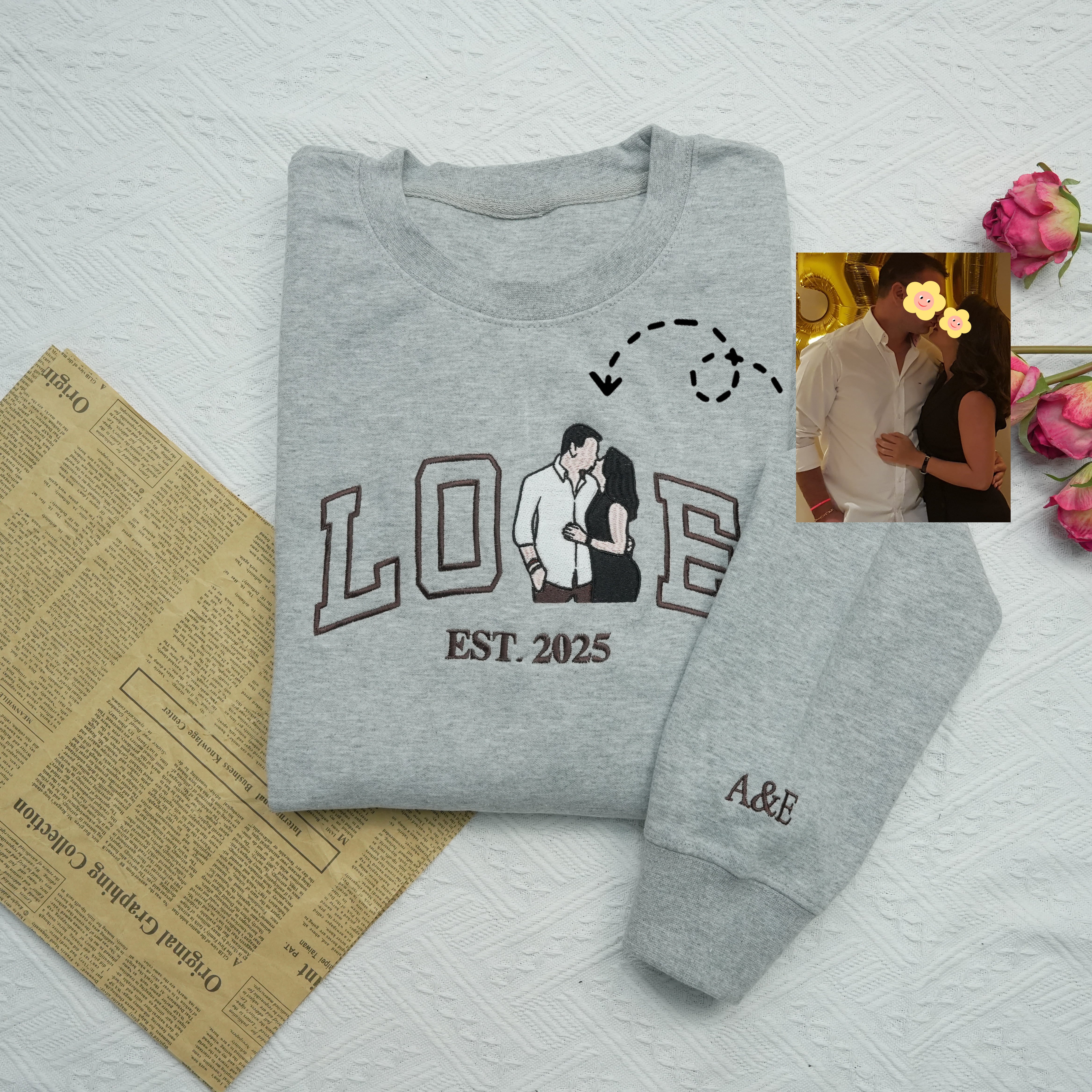 Custom Embroidered Couple Portrait Love Sweatshirt Hoddie For Valentine