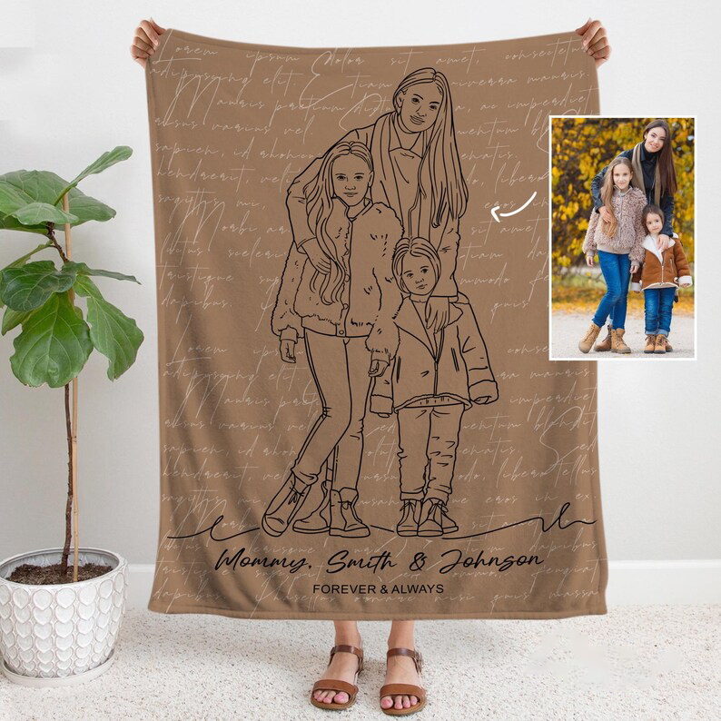 Custom Line Drawing Mom Blanket, Family Line Art Drawing Portrait