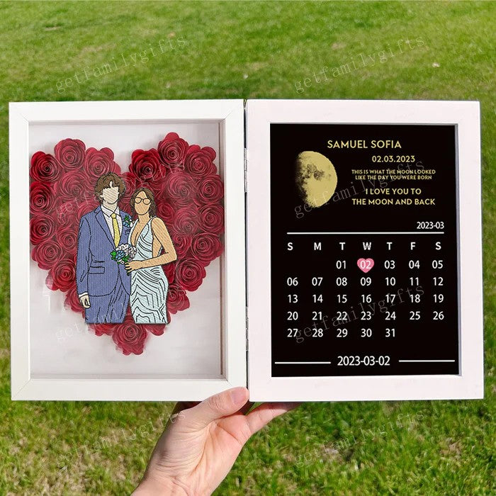 Custom Different Styles Couple Portrait Heart Shape Flower Shadow Box With Moon Phase Frame