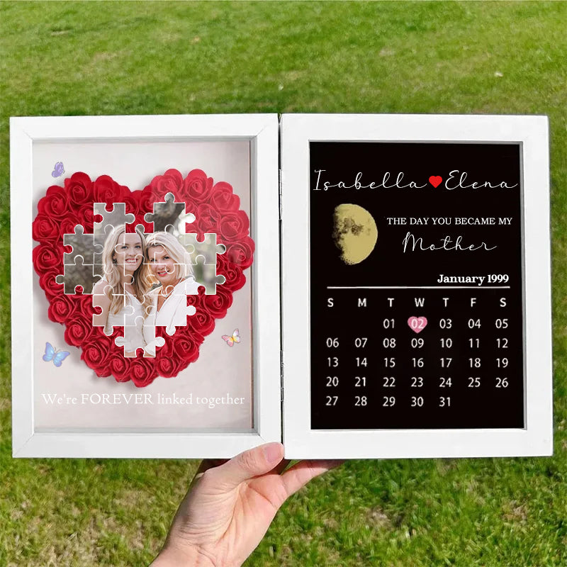 Personalized Puzzle Photo Flower Shadow Box With Real Moon Phase Calendar