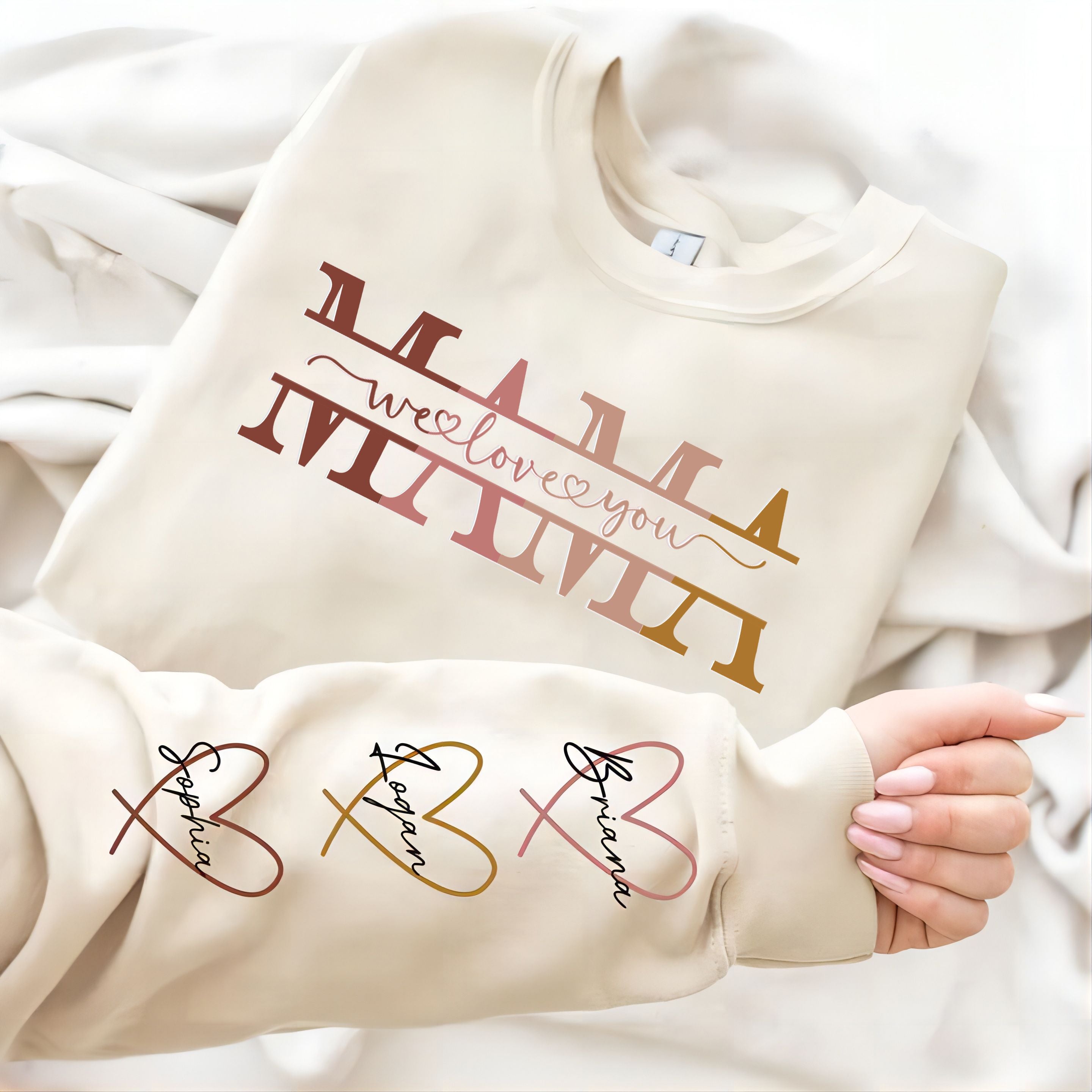 Personalized Wear Heart On Sleeve Mama we love you Sweatshirt with Kid Names on Sleeves-Mother's Day Sale (Customized free)