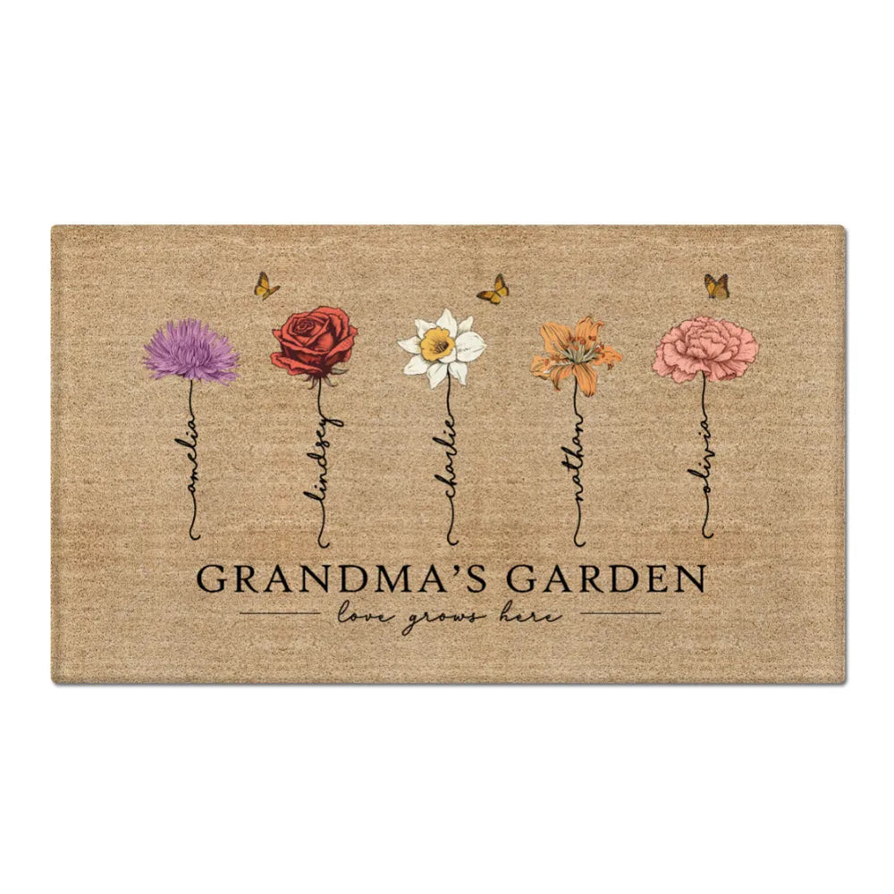 Grandma‘s Garden Love Grows Here Birth Flowers Personalized Name Doormat, Mother's Day Gift