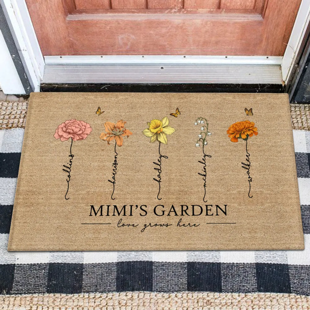 Grandma‘s Garden Love Grows Here Birth Flowers Personalized Name Doormat, Mother's Day Gift