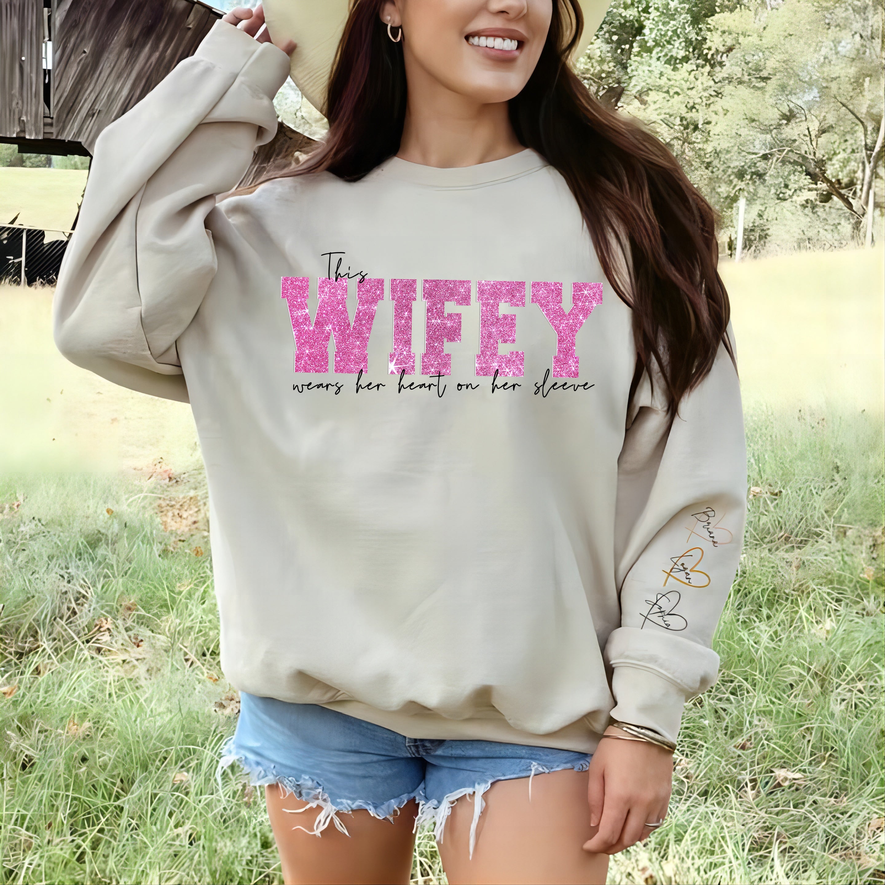 Personalized Wifey Wear Heart On Sleeve Mama Hot Stamping Sweatshirt with Kid Names on Sleeves-Mother's Gift (Customized free)