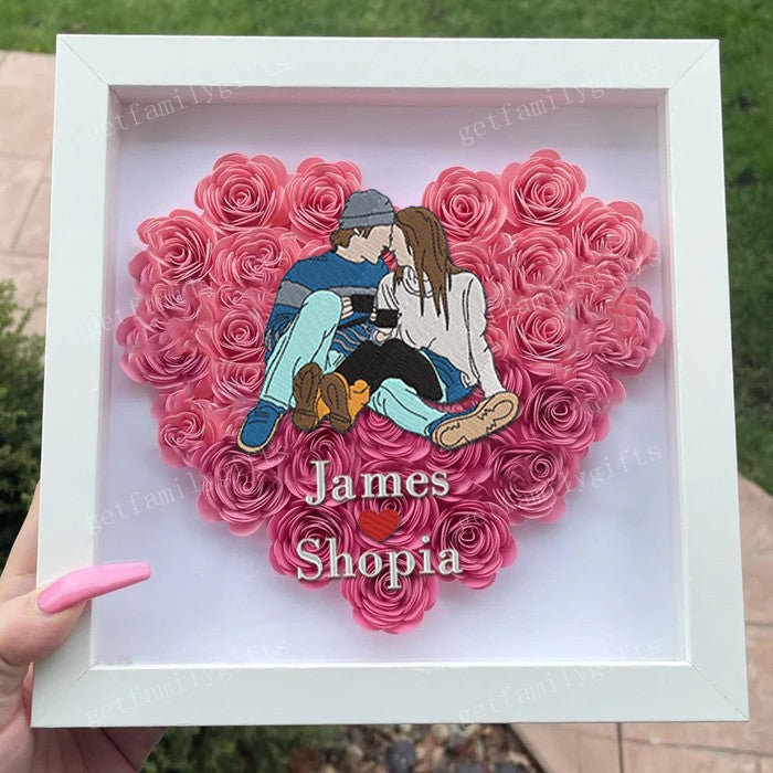 Personalized Couple Portrait With Names Flower Shadow Box