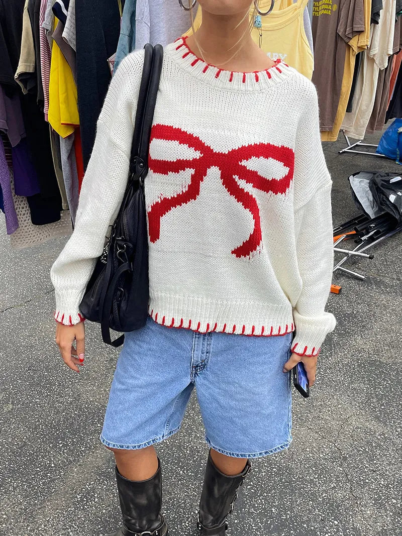 Cream Red Bow Knitted Sweater