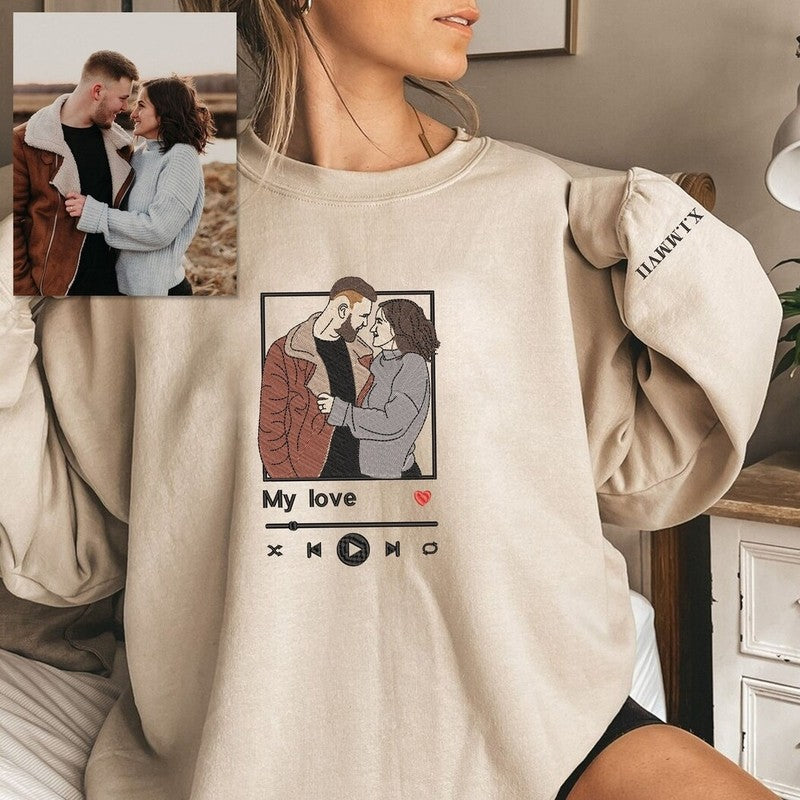 Custom Embroidered Portrait Sweatshirt Music Player Couple Family Gift For Him/Her