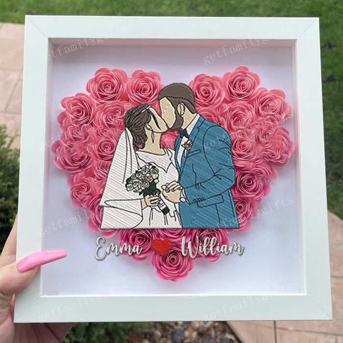 Custom Couple Portrait With Names Flower Shadow Box