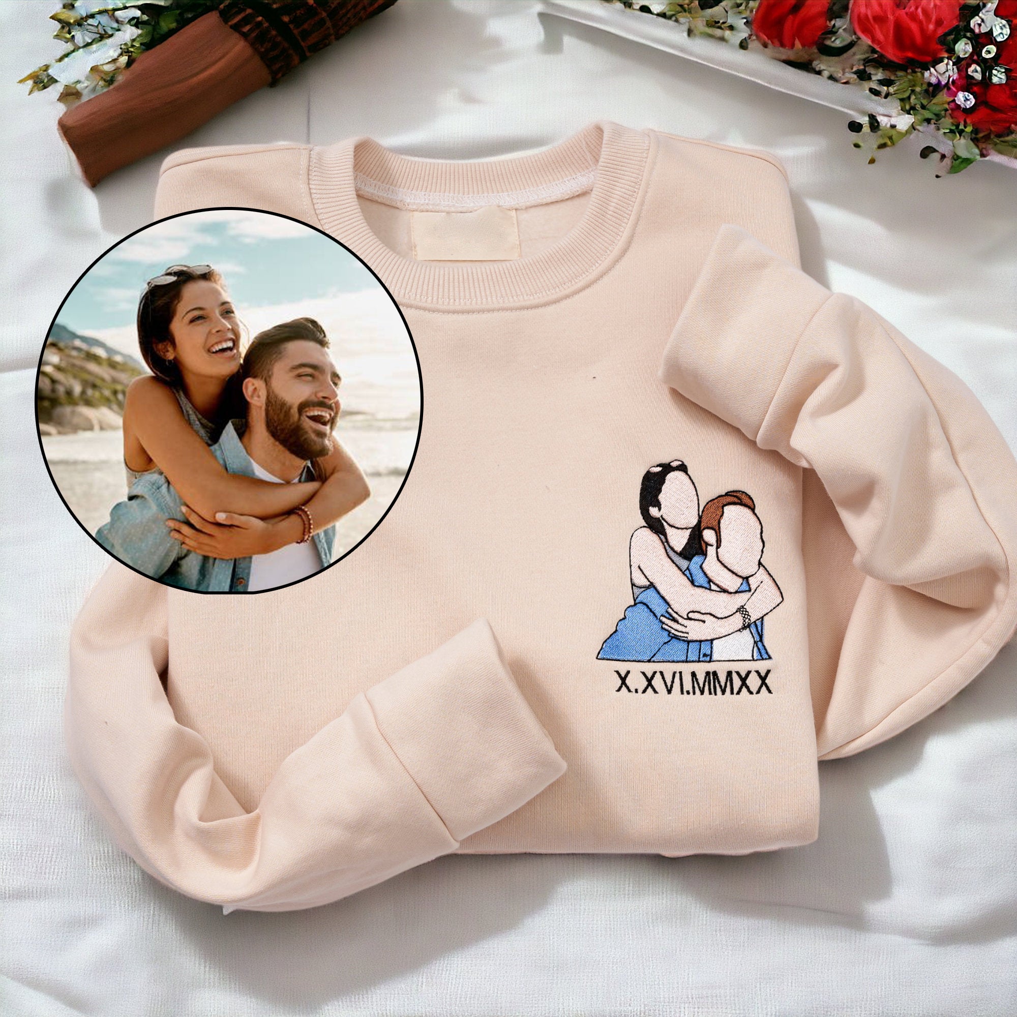 Custom Embroidered Portrait Sweatshirt - Personalized Portrait from Your Photo, Embroidered Design with Roman Numerals