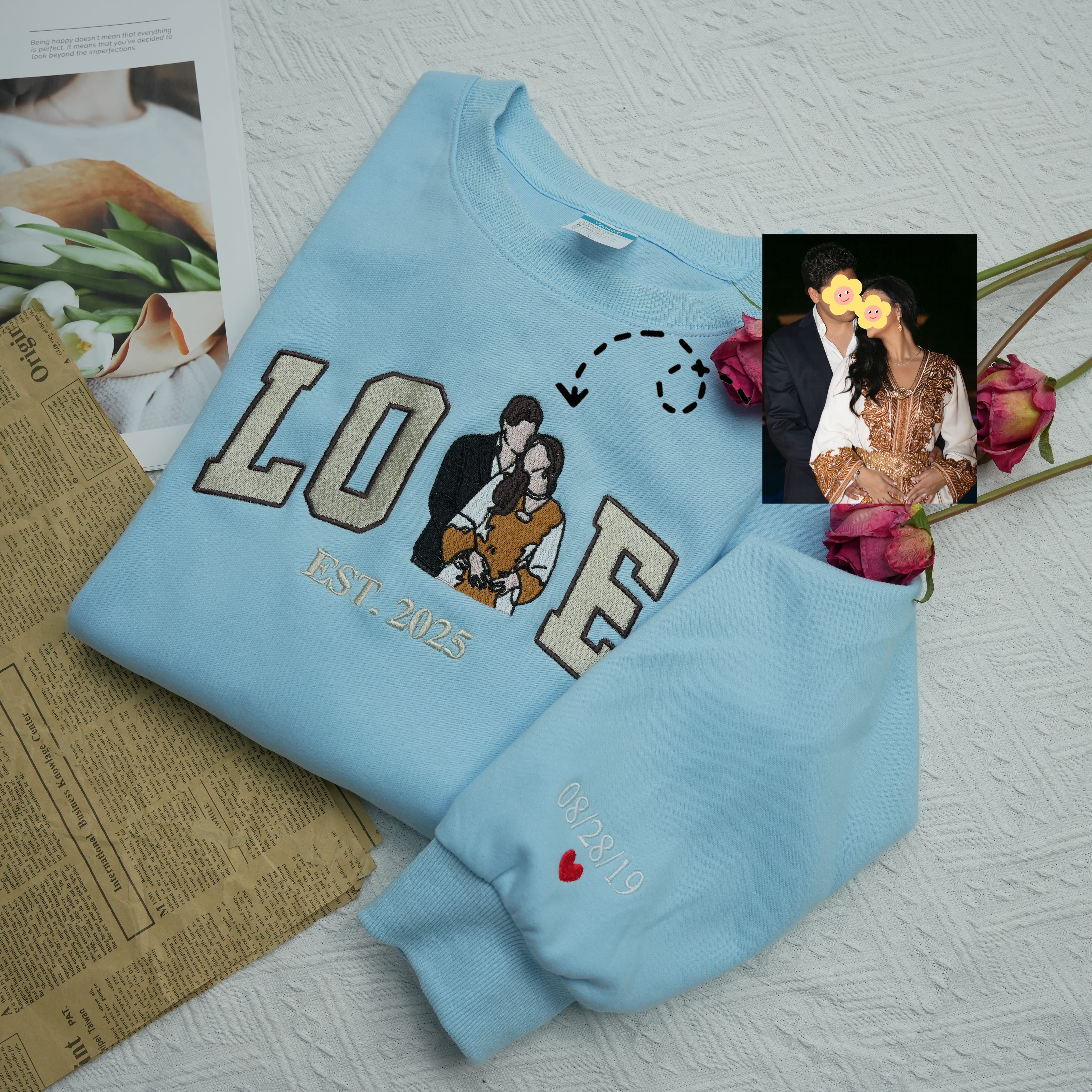 Custom Embroidered Couple Portrait Love Sweatshirt Hoddie For Valentine