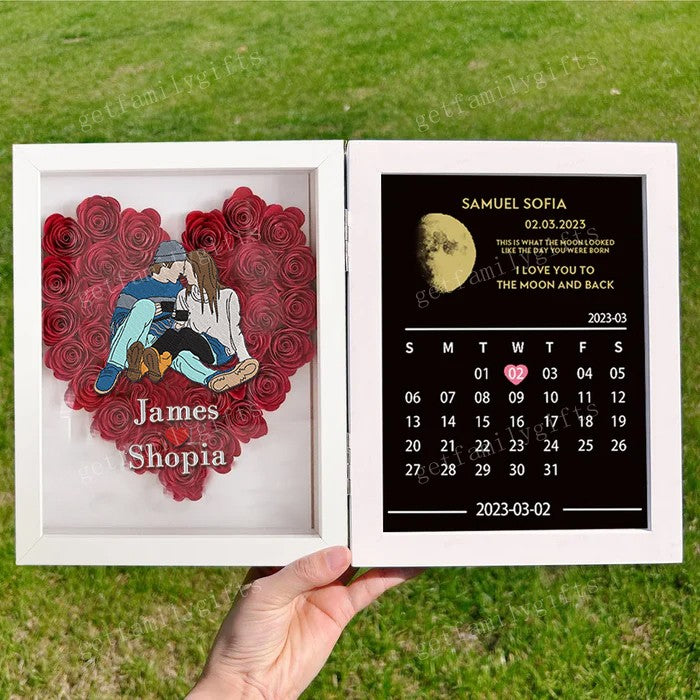 Custom Different Styles Couple Portrait Heart Shape Flower Shadow Box With Moon Phase Frame