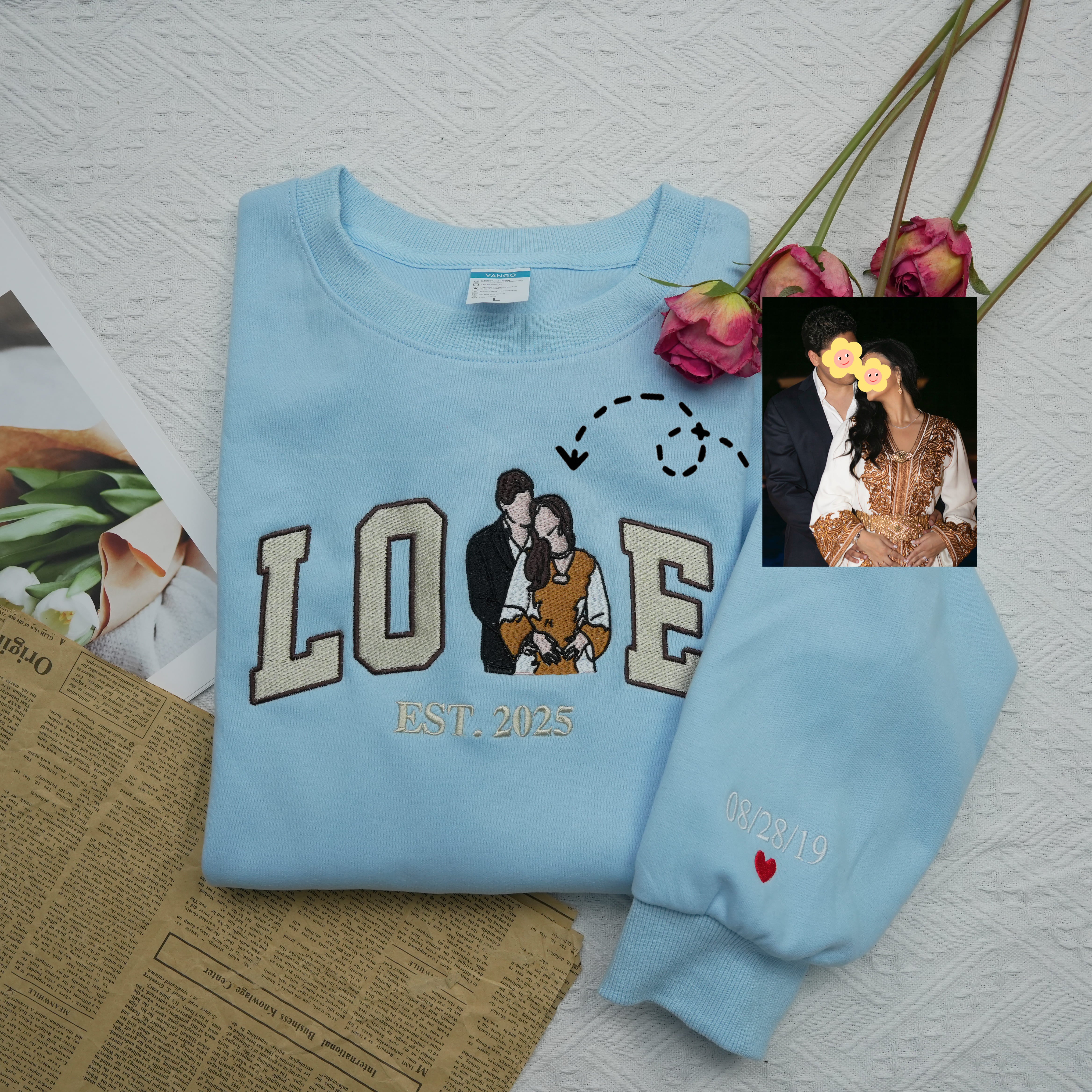 Custom Embroidered Couple Portrait Love Sweatshirt Hoddie For Valentine