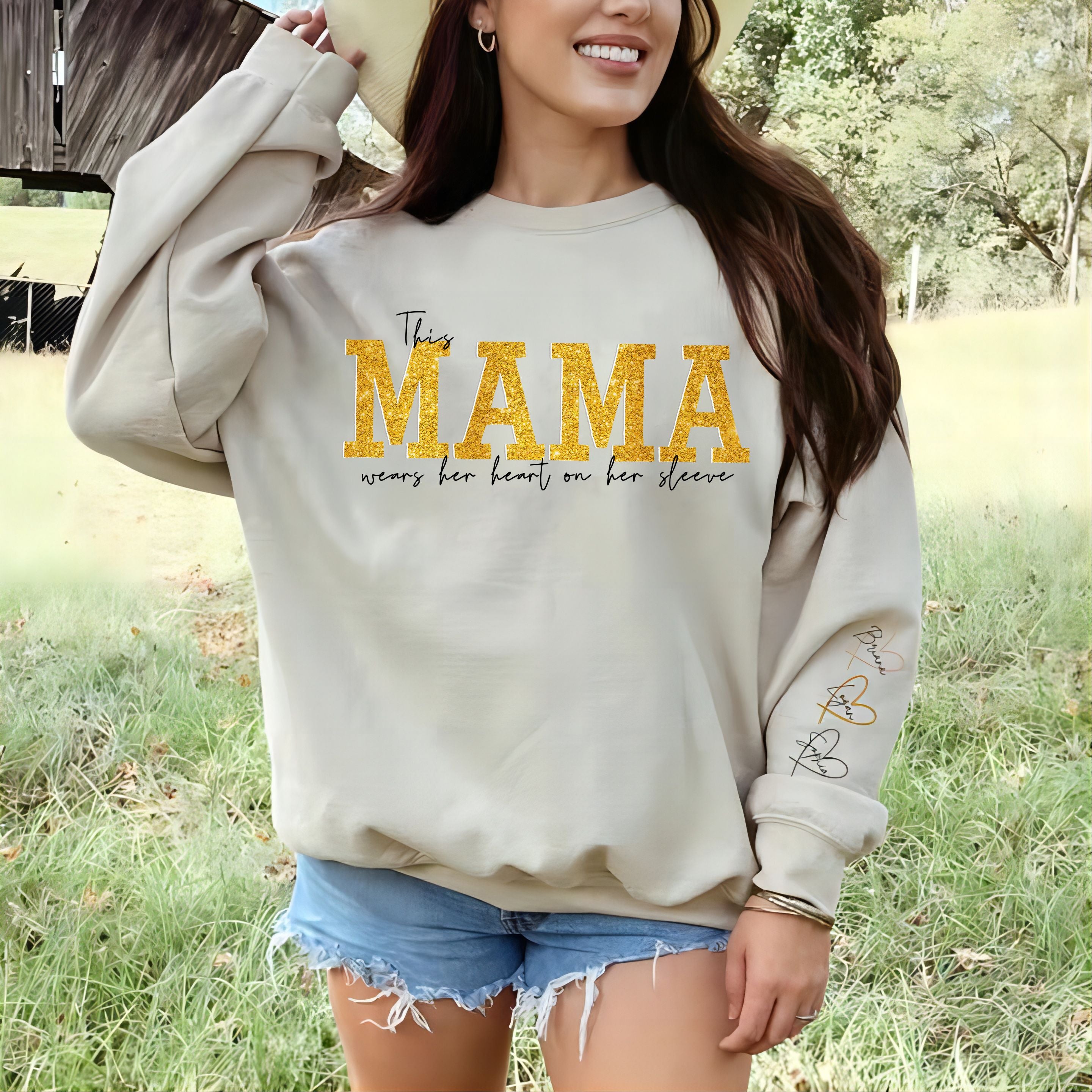 Personalized Wear Heart On Sleeve Mama Sweatshirt with Kid Names on Sleeves Mother's Day Birthday Gift (Customized free)