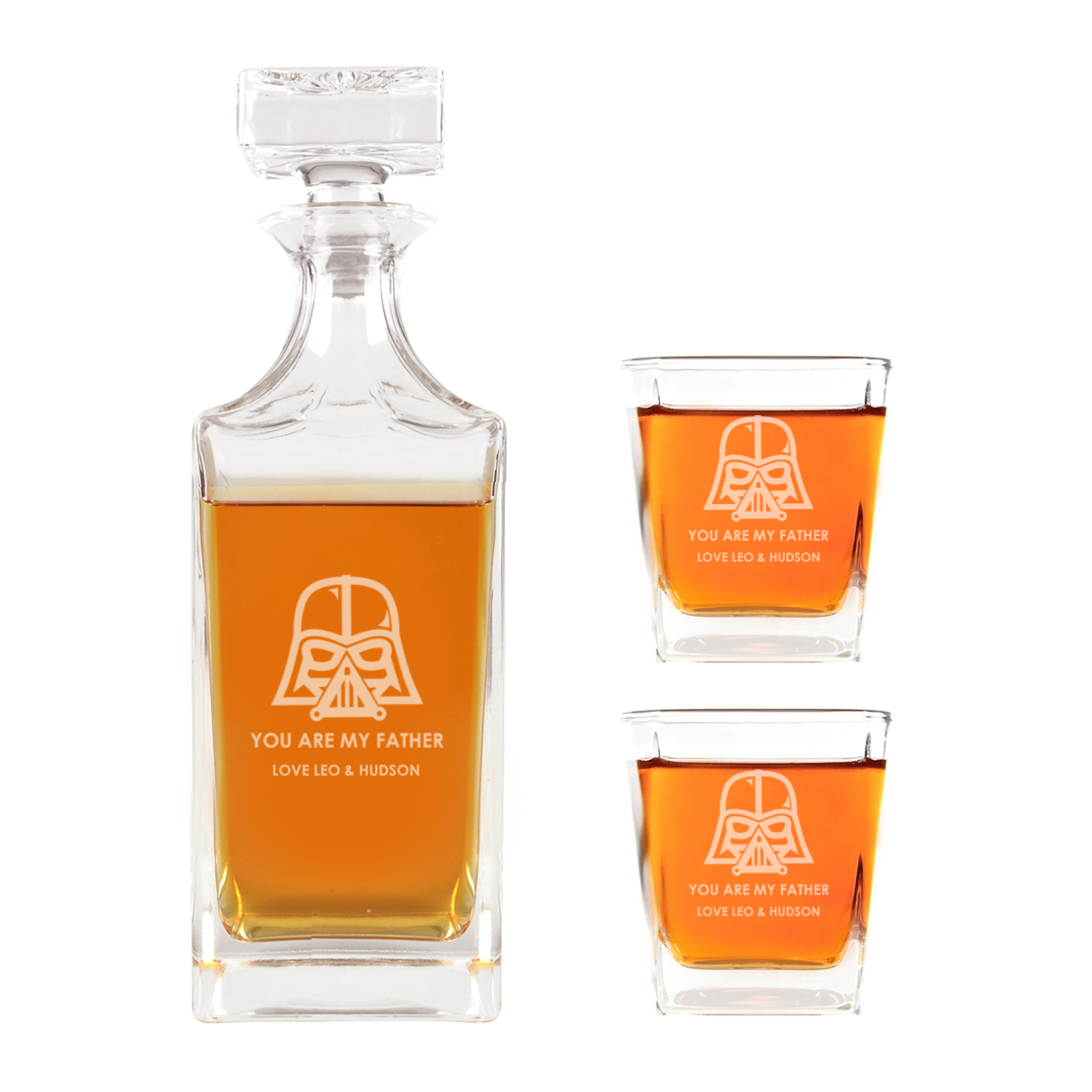 Father's Day Engraved Deluxe Square Whiskey Decanter PLUS 2 Scotch Glasses