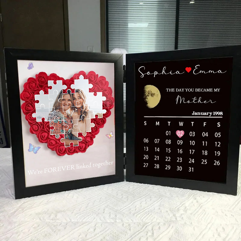 Personalized Puzzle Photo Flower Shadow Box With Real Moon Phase Calendar