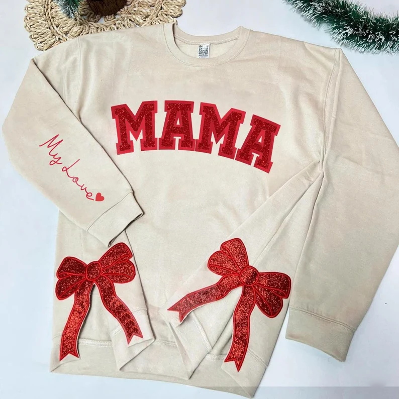 Personalized Mama Embroidered Glitter Side Bow Sweatshirt