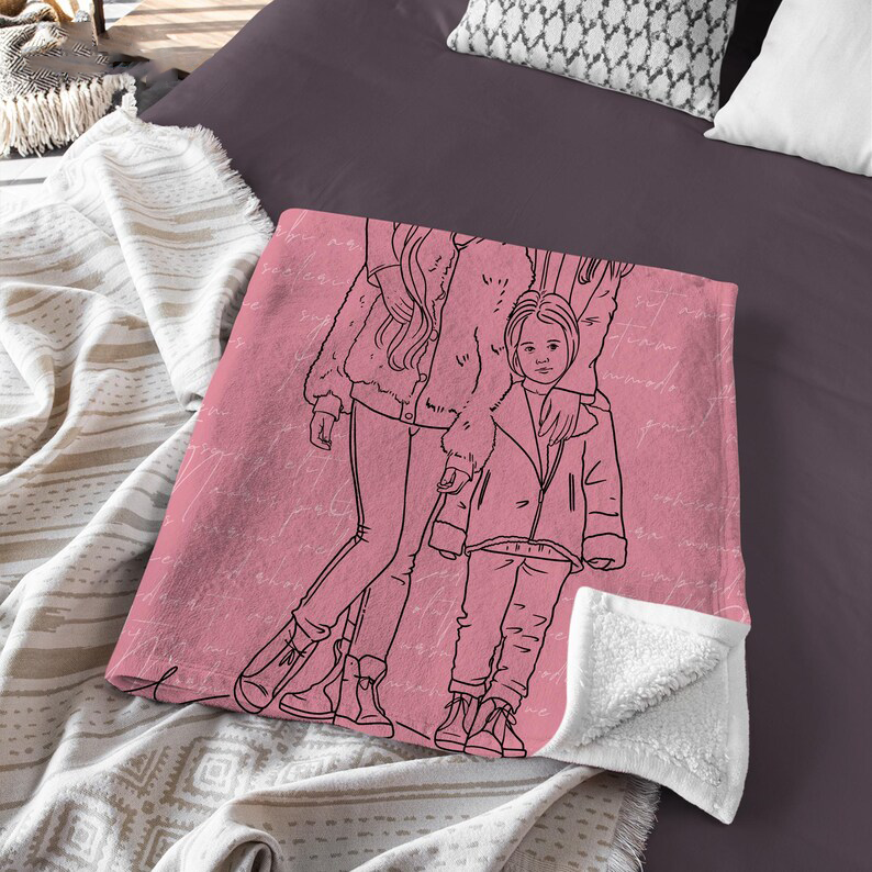 Custom Line Drawing Mom Blanket, Family Line Art Drawing Portrait