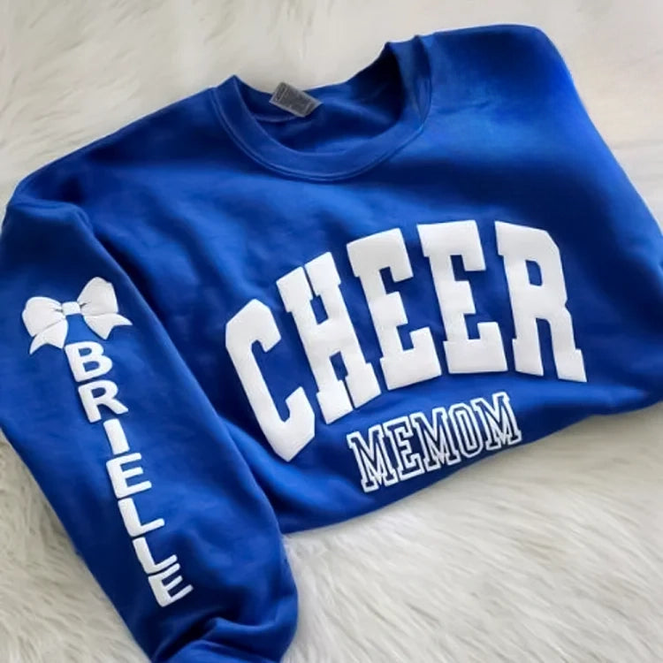 Personalized 3D PUFF Print Cheer Mom sweatshirt with Kids Name on Sleeve