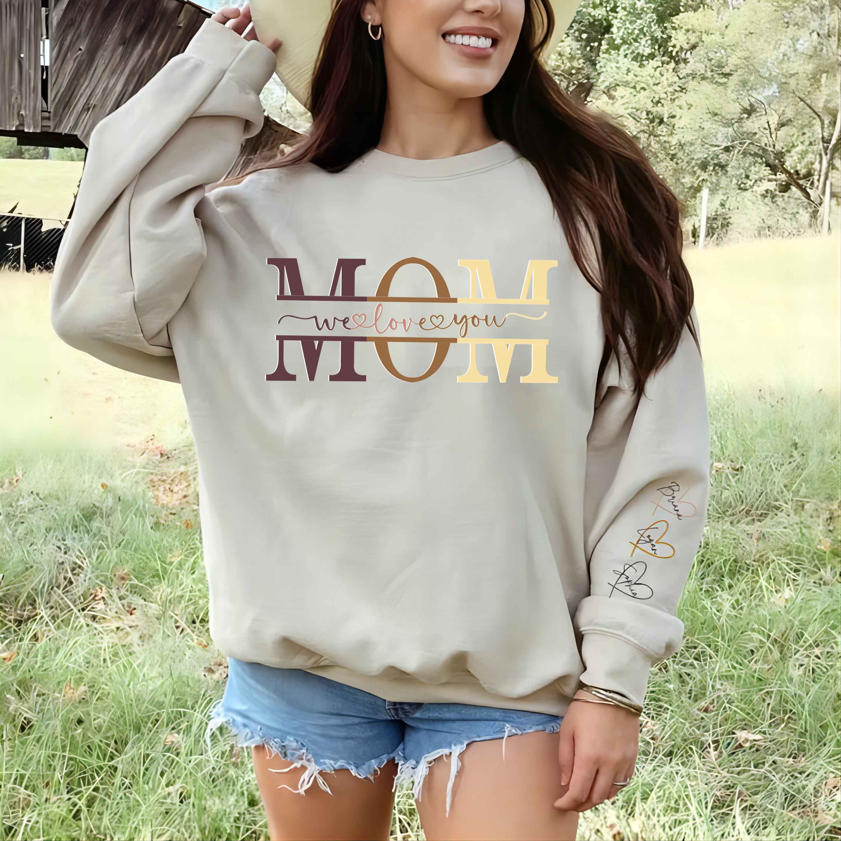 Personalized Wear Heart On Sleeve Mama we love you Sweatshirt with Kid Names on Sleeves-Mother's Day Sale (Customized free)